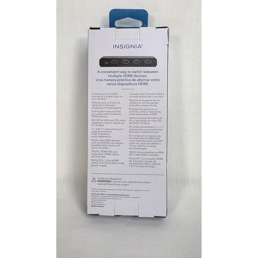 Insignia 3-Port HDMI Switch 4K 60Hz HDR 18Gbps Selector NS-HZ335 Black 6ft Cord